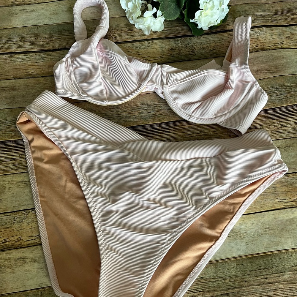 J. Crew Light Pink Ribbed Bikini Set Size 36C Top & Large Bottom
